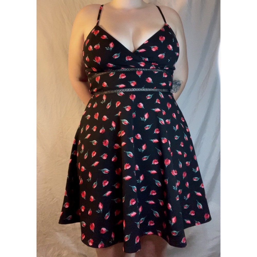 Black fit and flare dress with roses